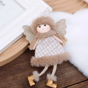 Handmade Christmas angel doll ornament with plush dress, plaid fabric, and glittery wings