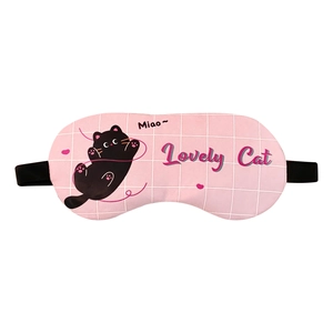 Pink checkered sleeping eye mask with cute black cartoon cat and lovely cat text