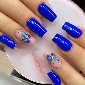 Blue Butterfly Press On Nails Long Coffin Fake Nails With Polka Dots Royal Blue Artificial Nail Tips For Women