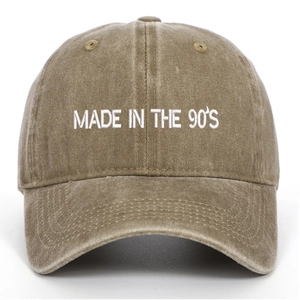 Vintage brown washed cotton baseball cap with MADE IN THE 90'S white letter embroidery