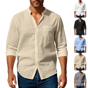 Detail view of linen long sleeve shirt showcasing multiple colors and fabric texture
