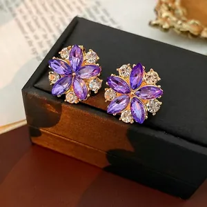 Orecchini A Lobo A Fiore Viola Vintage Strass Lega Cristallo Intarsiato Con Perno In Argento Donna Gioielli Lusso