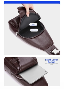 Internal view of dark brown leather chest bag showing iPad compartment and tiered storage