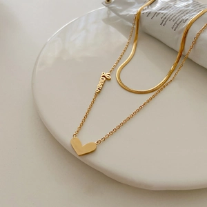 Double Layer Heart Pendant Necklace Titanium Steel Love Letter Charm Choker Gold Plated Elegant Fashion Jewelry For Women