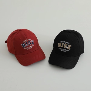 Kids cotton baseball cap with NICE letter embroidery in burgundy and black colors