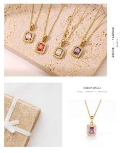 Detail of square zircon necklaces in four colors with polished gold chain on beige stone
