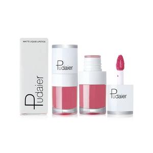 Matte pink liquid lipstick and white box packaging set with applicator brush