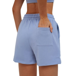 Women's light blue high-waisted sports shorts with elastic waistband and back pocket