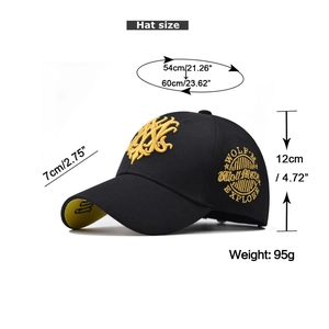 Detailed view of black cotton baseball cap with 3D embroidery and dimensions specification