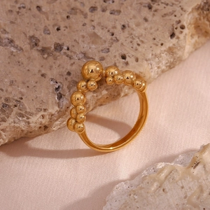Detailed view of an 18K gold plated stainless steel ring with polished bead accents