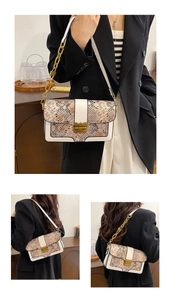 Detail of snake pattern crossbody bag featuring retro gold clasp and chain strap