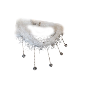 White faux fur choker necklace with dangling silver chains and crystal beads for women