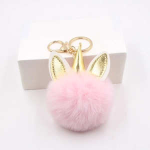 Porte-clés Boule de Poils Licorne Mignonne Pendentif Pompon en Fausse Fourrure Avec Corne Oreille Or Pour Sacs Clés Femme Cadeau