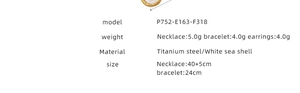 Detailed specifications of shell moon jewelry set in titanium steel with dimensions