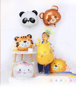 Detailed set of animal head foil balloons including panda, tiger and lion for party decor