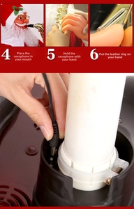 Close-up assembly guide showing saxophone and power cable connection for 1.8m Santa Claus