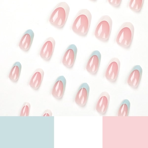 Französische Kunstnägel in Blau und Weiß auf ovaler rosa Basis, komplettes Set