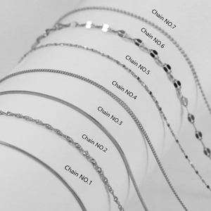 Macro view of seven types of S925 sterling silver wave and bead chain necklace styles