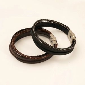 Men's multilayer braided leather bracelet with stainless steel magnetic clasp in black and brown