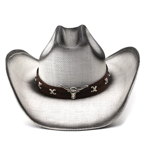 Western cowboy straw hat with gradient weave and silver longhorn emblem on leather band