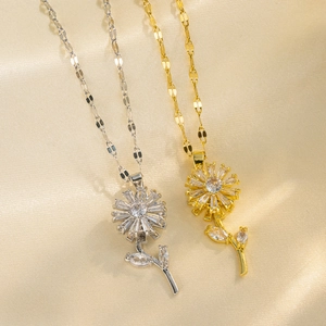 Fashion Titanium Steel Rotatable Sunflower Pendant Necklace For Women Gold Silver Plated Rhinestone Inlaid Dainty Jewelry