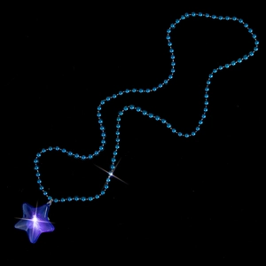 Handmade beaded necklace with glowing blue star pendant on a clean black background