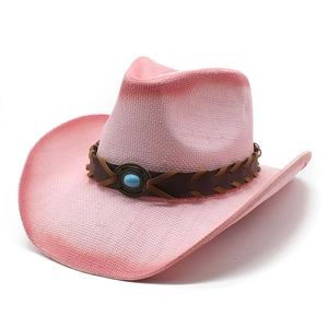 Details des rosa Stroh-Cowboyhuts mit Türkisperle und braunem Webband-Dekor