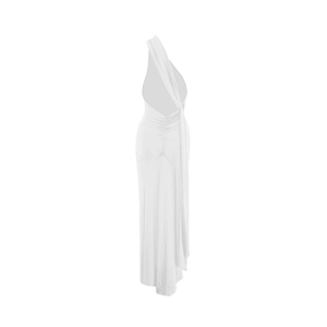 Detail view of the open-back design and ruched waist on this white one-shoulder dress