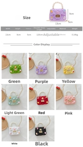 Detailed size chart for girls silicone crossbody bag showing 13x9x5cm dimensions