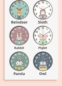 Detail view showing six cartoon animal wall clock designs for kids rooms