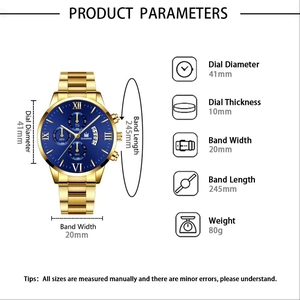 Detail view of business watch dimensions with 41mm blue sunray dial and gold steel strap