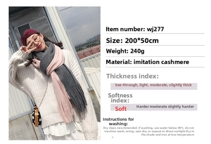 Detail view of pink and grey color-block knit scarf with soft tassel trim and texture