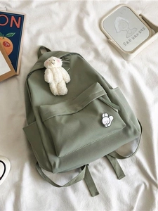 Minimalist bean green student backpack with plush bear pendant and cute badges
