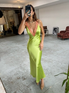 Satin Cami Dress Sexy Deep V-Neck Lace Trim Spaghetti Strap Slim Fit Maxi Long Party Evening Summer For Women