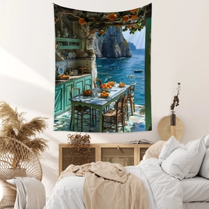 Detail of Mediterranean landscape wall tapestry showing ocean view and kitchen scene decor