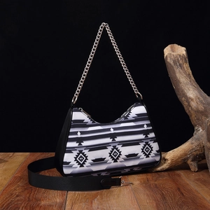 Aztec bohemian style black and white geometric shoulder bag with metal chain strap