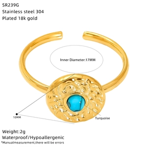 Macro shot of 18K gold-plated stainless steel ring with turquoise and hammered texture