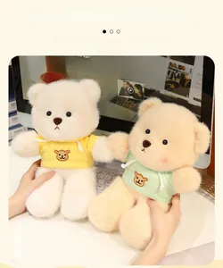 Pair of plush bears in colorful hoodies held in hands against a soft desk background