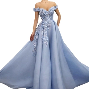 Light blue off-shoulder evening gown with 3D floral embroidery and A-line tulle skirt