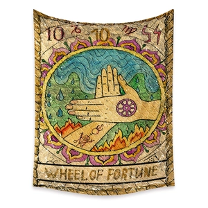 Detailed macro view of Wheel of Fortune tarot tapestry fabric texture and retro illustration