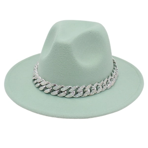 Detailed view of mint green fedora hat with a silver rhinestone cuban link chain strap