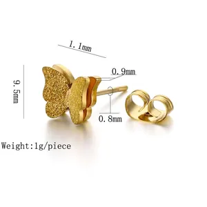 Golden bow-shaped stainless steel stud earrings with frosted finish and dimensions