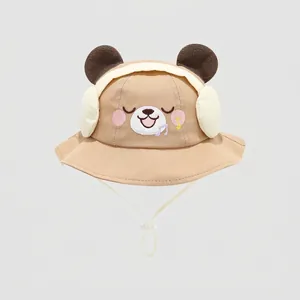 Detailed view of kids khaki cotton sun hat with bear ears and chin strap for boys and girls