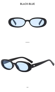 Front and side views of oval sunglasses with black frames and light blue lenses