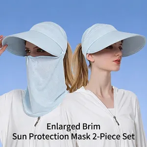 Women Sun Protection Hat Detachable Face Mask Neck Cover Wide Brim Ice Satin Breathable Cycling Outdoor Ponytail Hole