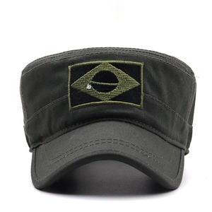Detailed stitching on olive green cotton cadet cap with Brazil flag embroidery patch