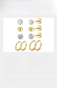 Detailed view of 316L stainless steel gold earring set with opal and zircon studs