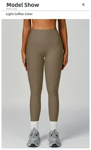 Close-up of ribbed texture and high-waist fit on khaki yoga pants shown by model