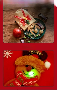 Detailed view of Christmas burlap gift bag with glowing plush doll and reindeer antlers
