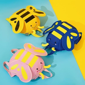 Three cute bee-shaped toddler backpacks with 3D wings and antennas in yellow blue and pink
